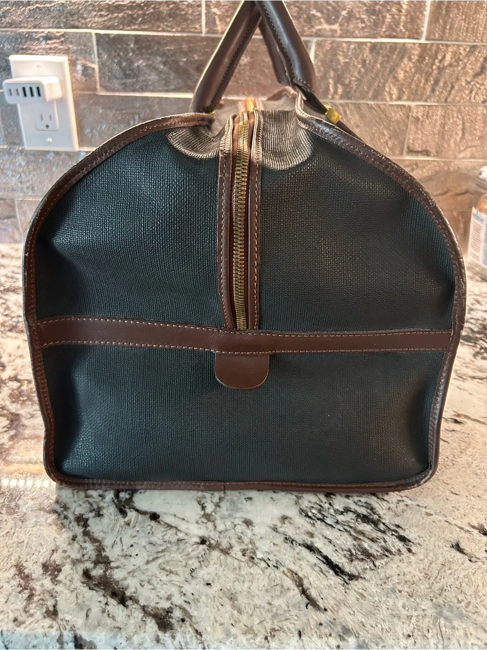 Dunhill Black Duffel with Brown Leather Trim and Gold Accents